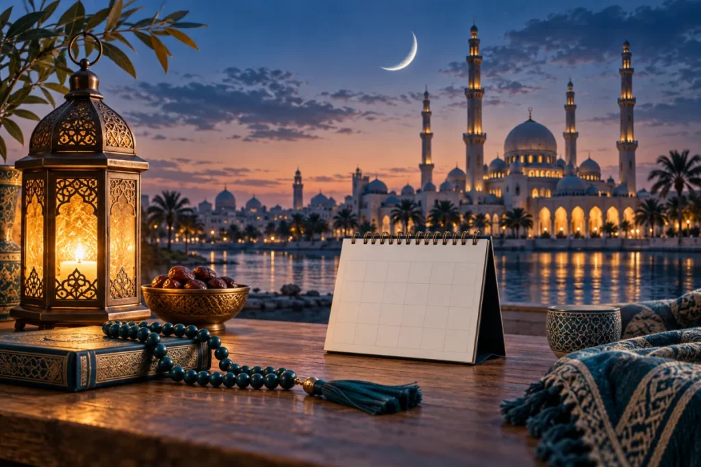 Muslim holiday calendar with mosque, crescent moon and lantern